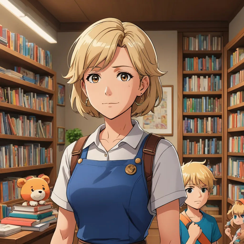 a woman standing in front of a library filled with books and stuffed animals on shelves next to a boy, remodernism, a character portrait, Chizuko Yoshida, official art