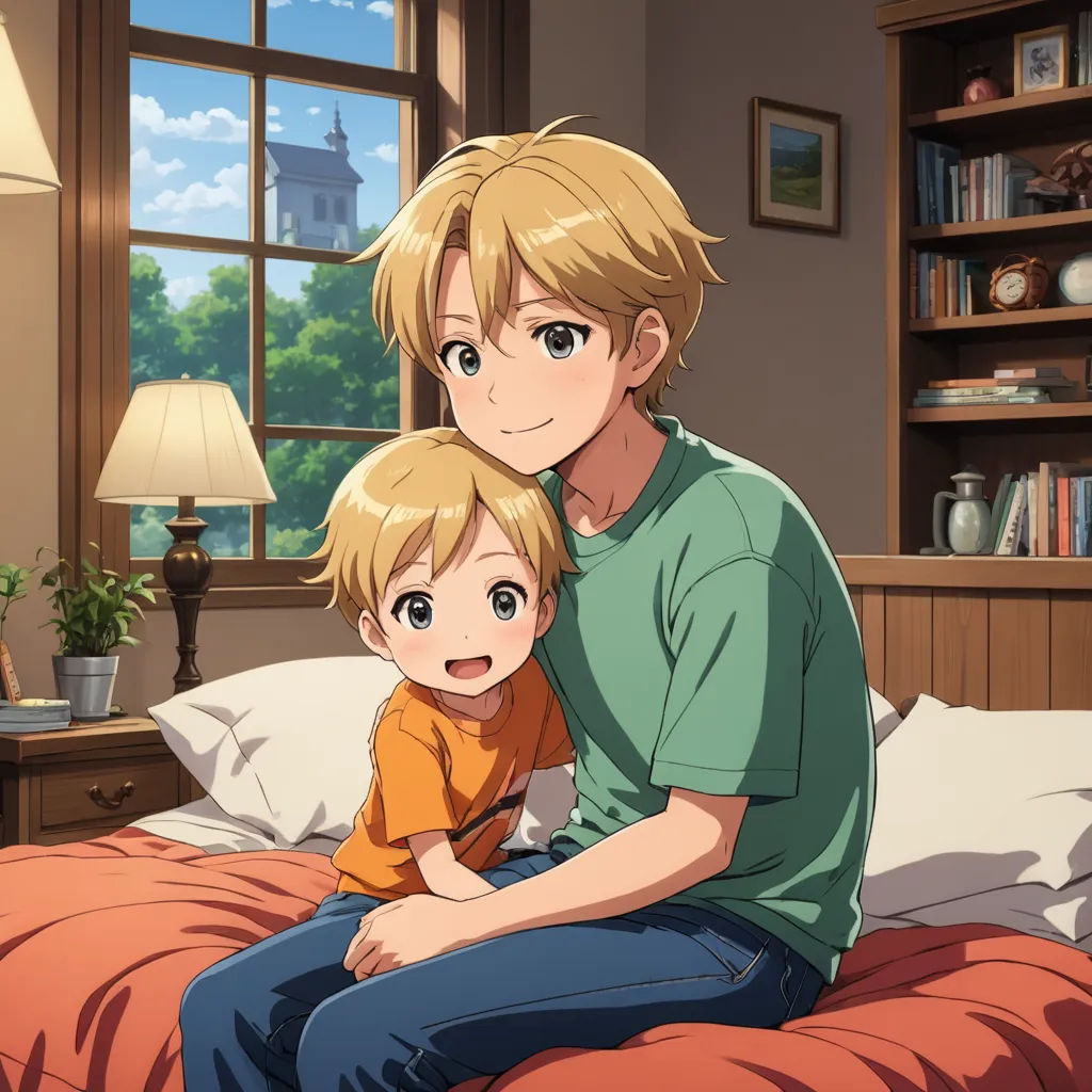 a man and a child sitting on a bed in a room with a window and a lamp on the side, sots art, concept art, Adam Manyoki, official art