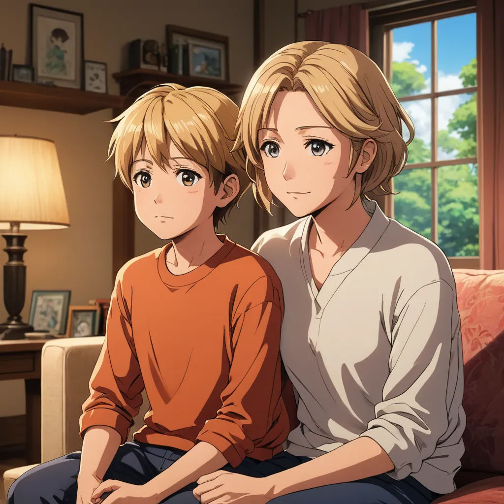 a couple of people sitting on top of a couch in a living room next to a window with a lamp, sots art, a stock photo, Armin Hansen, official art