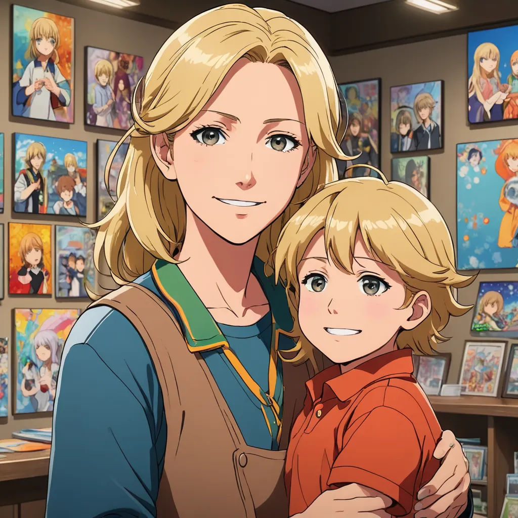 a woman holding a child in front of a wall of pictures of anime characters on the wall of a store, remodernism, a fine art painting, Anne Said, official art