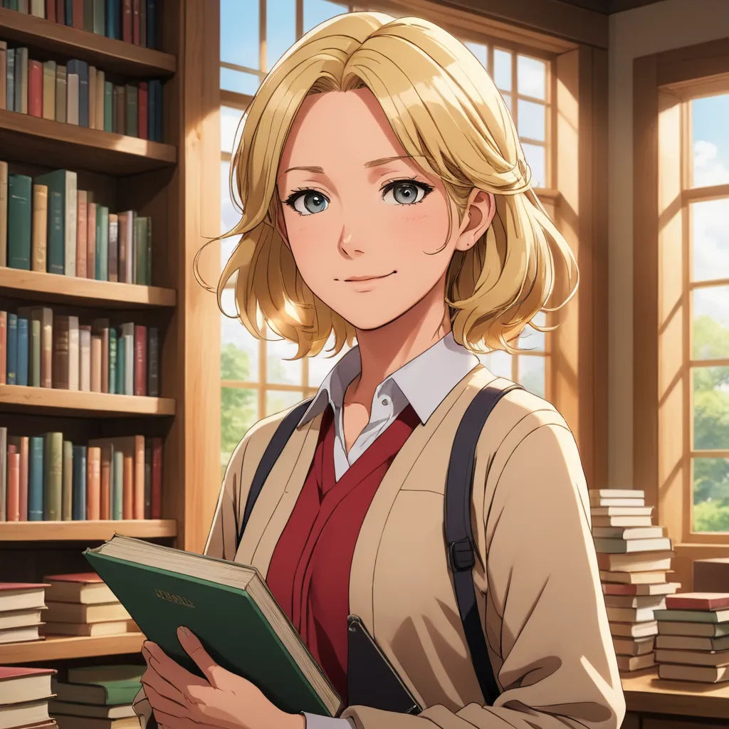 a woman standing in front of a book shelf holding a book in her hands and looking at the camera, remodernism, a character portrait, Anne Said, official art