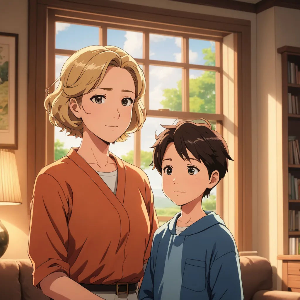 a woman and a boy standing in front of a window in a living room with a bookcase and a lamp, remodernism, concept art, Anne Said, official art