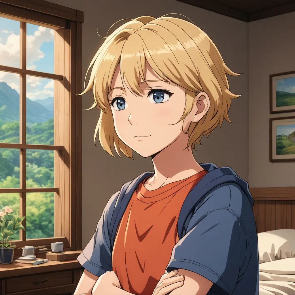 a young blonde haired woman standing in front of a window in a bedroom with a mountain view behind her, sots art, a character portrait, Aguri Uchida, official art