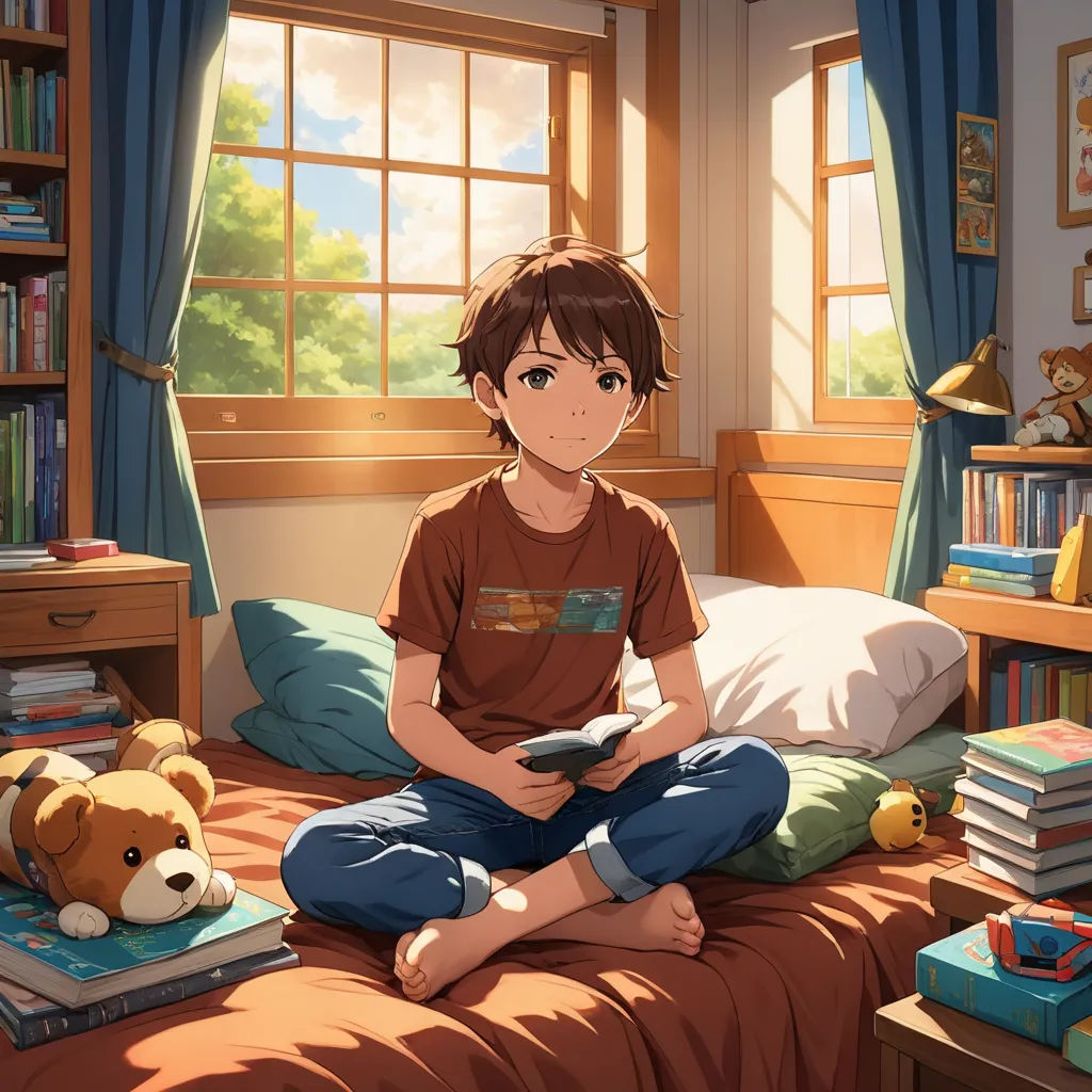 a boy sitting on a bed with a teddy bear and books in front of him and a window with blue curtains, sots art, concept art, Adam Manyoki, official art
