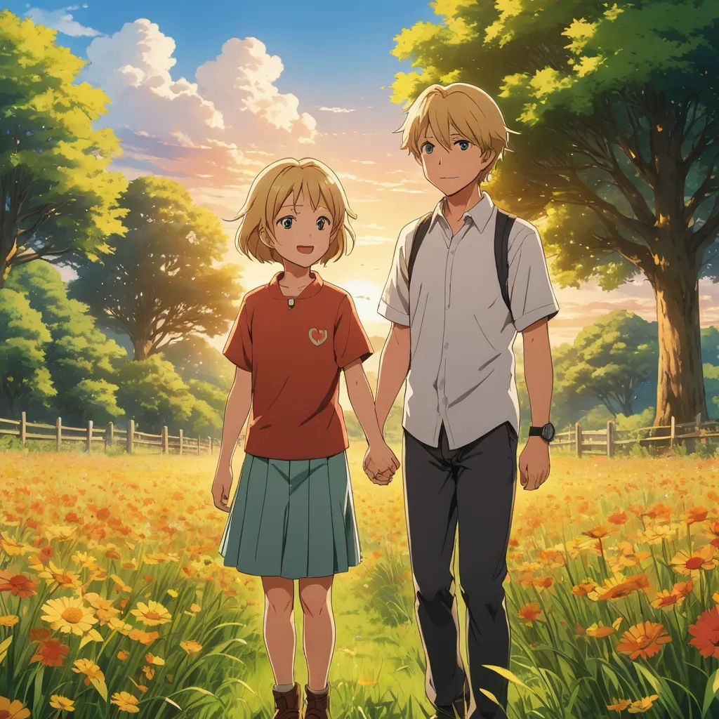 a man and a woman holding hands in a field of flowers with a sunset in the background and trees, sots art, poster art, Armin Hansen, official art