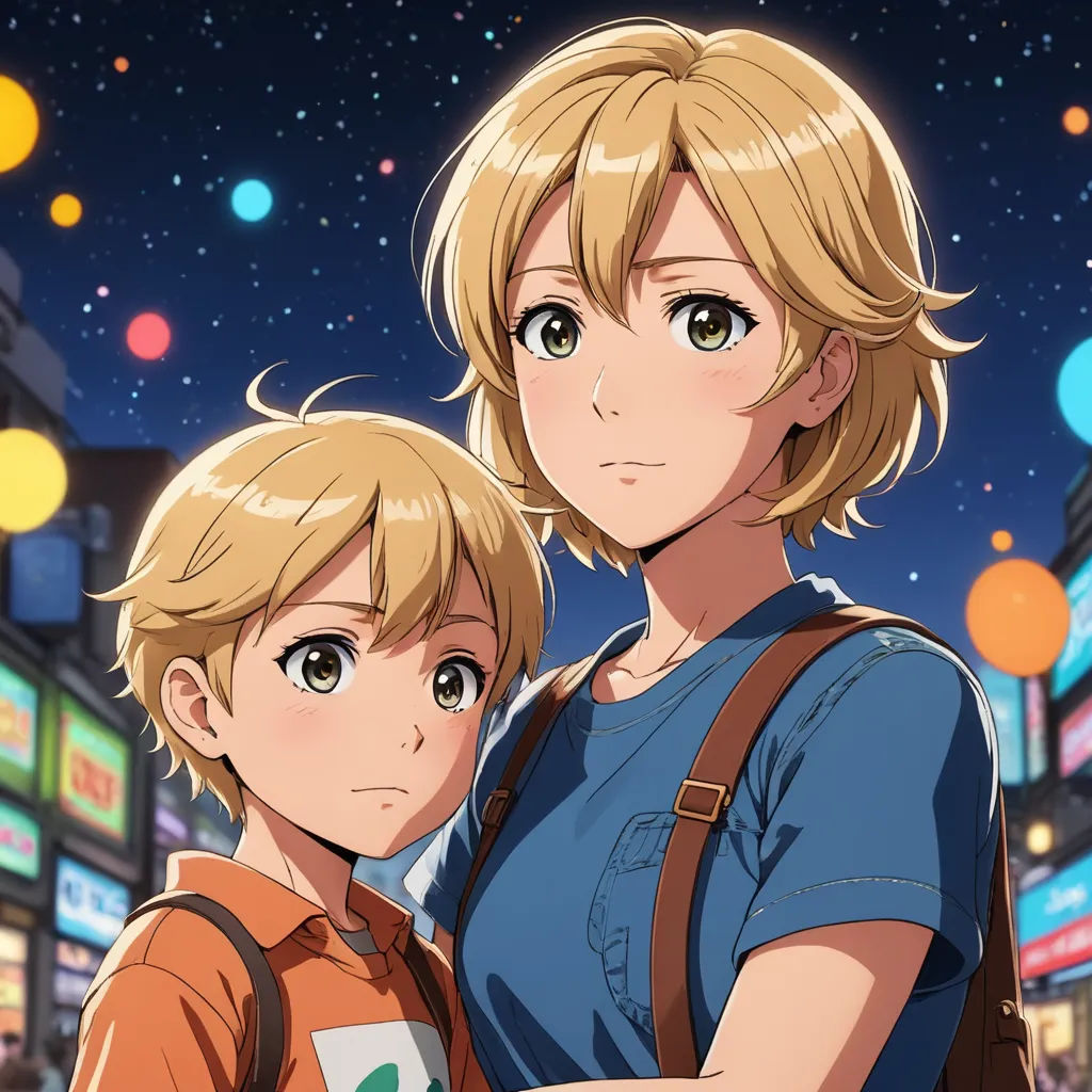 a couple of people standing next to each other in a city at night with lights on the buildings and people in the background, sots art, concept art, Anne Said, official art