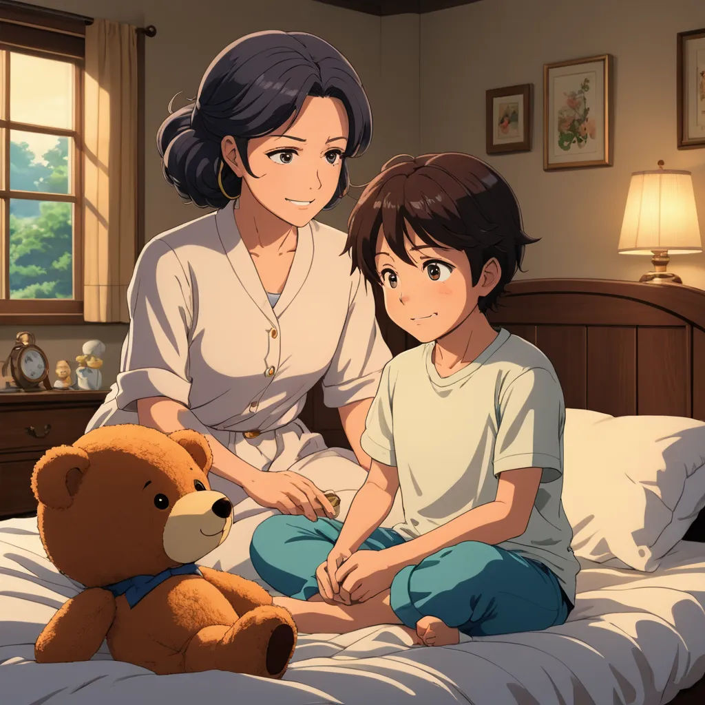 a woman and a child sitting on a bed with a teddy bear in front of them and a window, sots art, a stock photo, Anne Said, official art