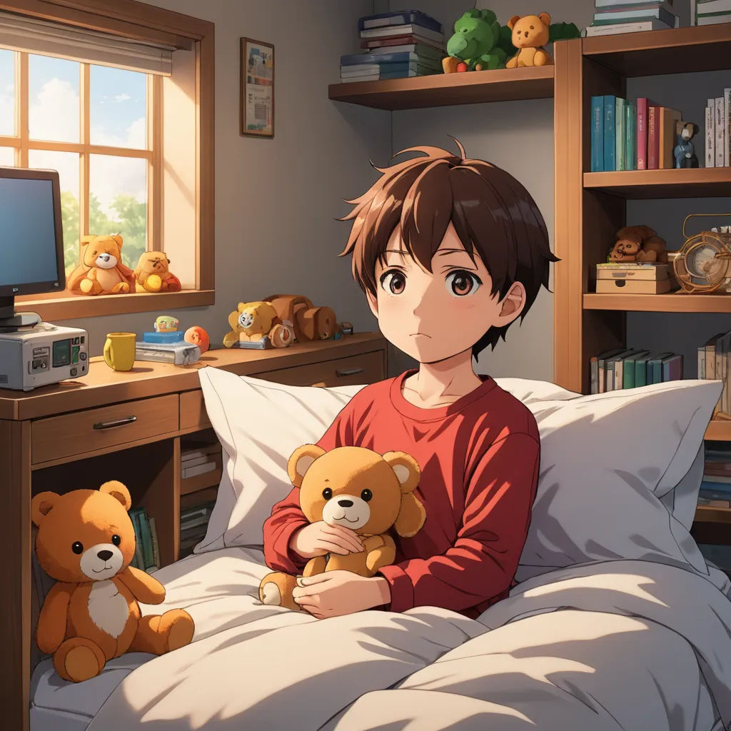a boy sitting in bed with a teddy bear and a computer monitor on a desk behind him, with a bookcase in the background, sots art, a character portrait, Adam Manyoki, official art