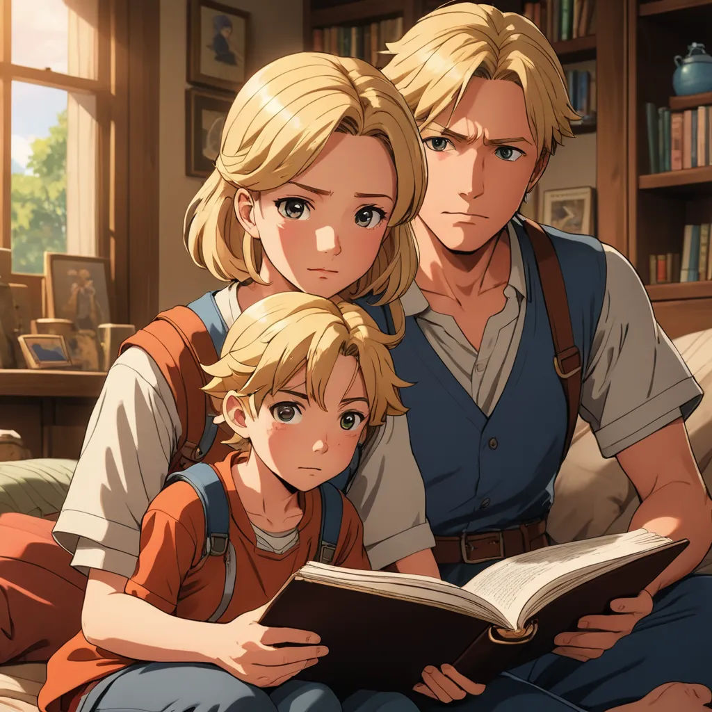a man and a woman sitting on a couch reading a book together in a living room with a window, sots art, a storybook illustration, Andor Basch, official art