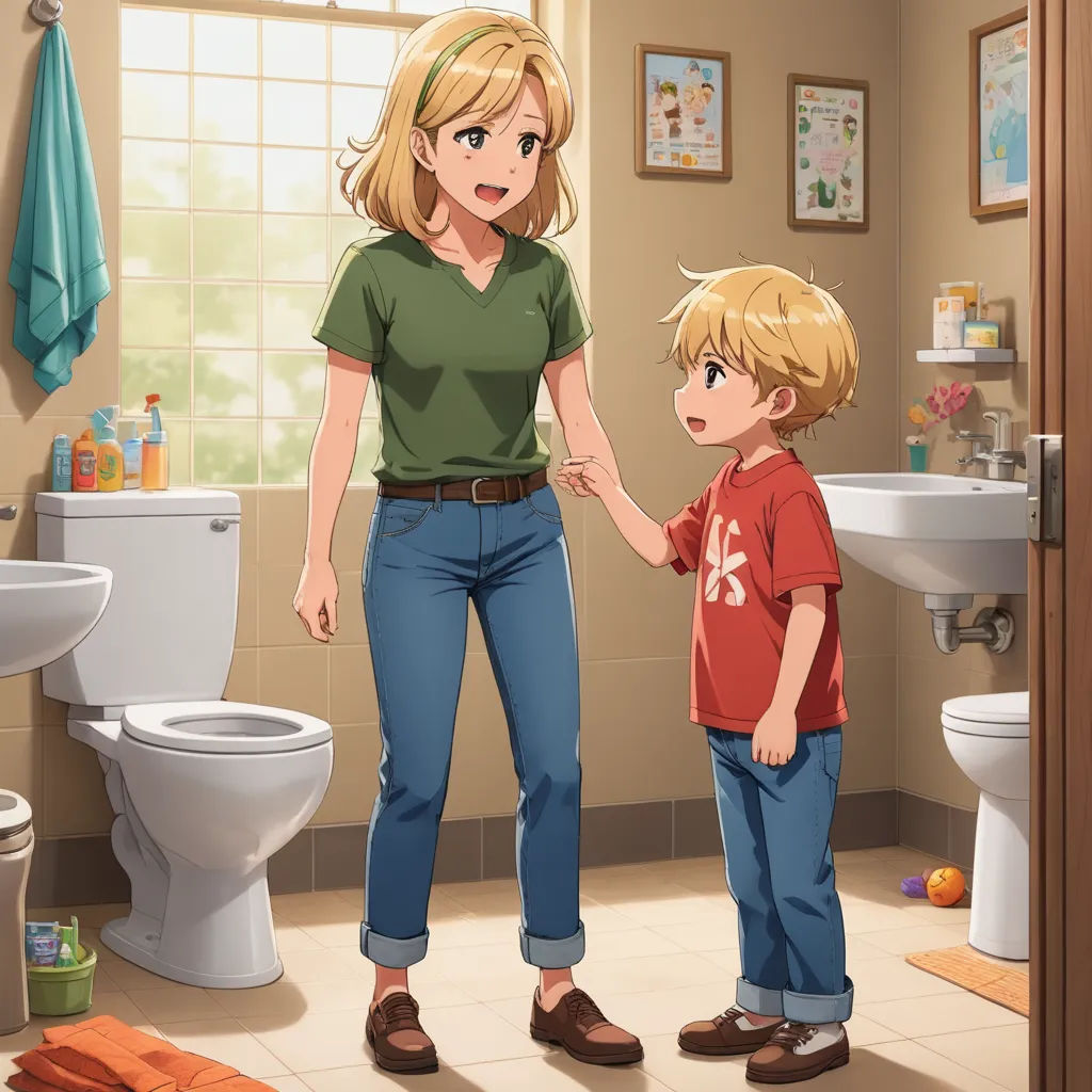 a woman and a boy in a bathroom with a toilet and sink in the background and a window with a curtain, remodernism, a stock photo, Elizabeth Forbes, official art