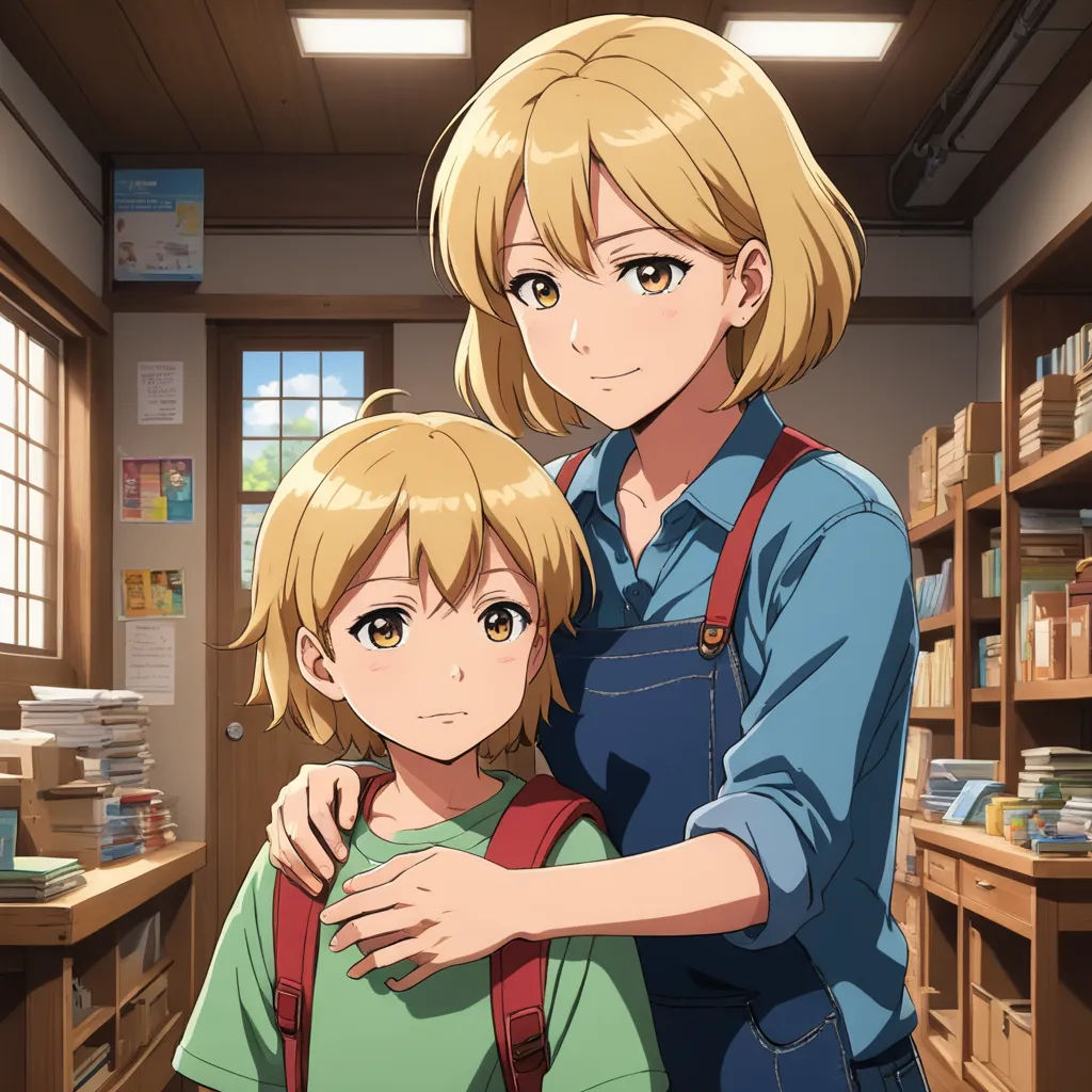 a woman and a child in a library with bookshelves in the background and a window in the background, remodernism, a photocopy, Anne Said, official art