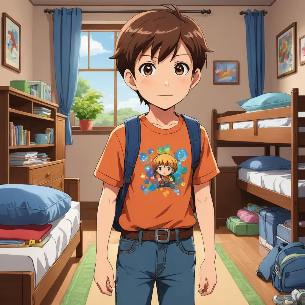 a boy standing in a bedroom with a backpack on his shoulder and a backpack on his shoulder, in front of a bed, rayonism, a character portrait, Adam Manyoki, official art