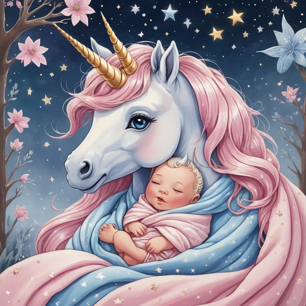 a baby is sleeping next to a unicorn that is holding a baby in its arms and it's head is wrapped in a blanket, fantasy art, a storybook illustration, Cyril Rolando, fantasy illustration