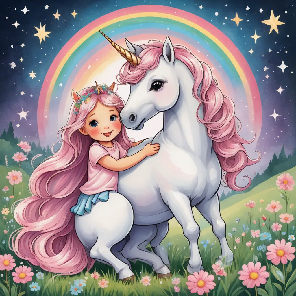 a little girl hugging a unicorn in a field of flowers and stars with a rainbow in the background and a rainbow in the sky, pop surrealism, a storybook illustration, Evaline Ness, magical
