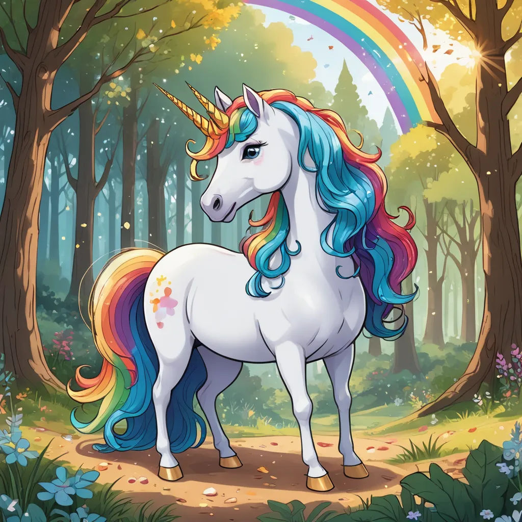 a unicorn standing in the middle of a forest with a rainbow in the background and a rainbow in the sky, fantasy art, a character portrait, Anne Stokes, rossdraws global illumination