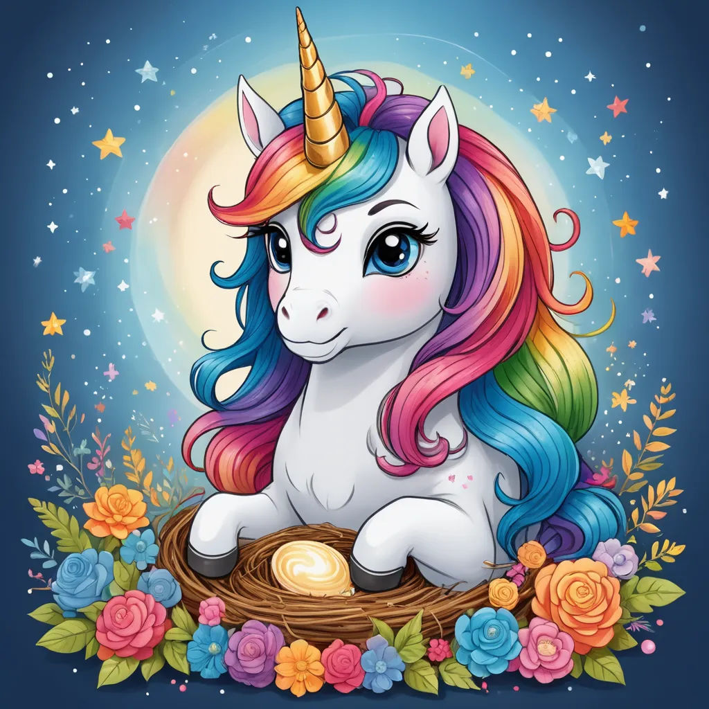 a cute unicorn sitting in a nest with flowers around it and a moon in the background with stars and flowers, fantasy art, a storybook illustration, Anne Stokes, josan gonzales and dan mumford