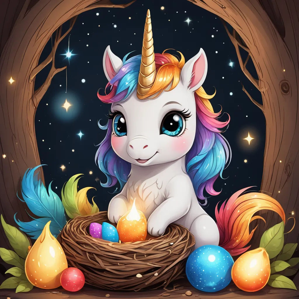 a cute unicorn sitting in a nest with eggs and candles in it's mouth, surrounded by trees, fantasy art, a storybook illustration, Anne Stokes, cute and adorable