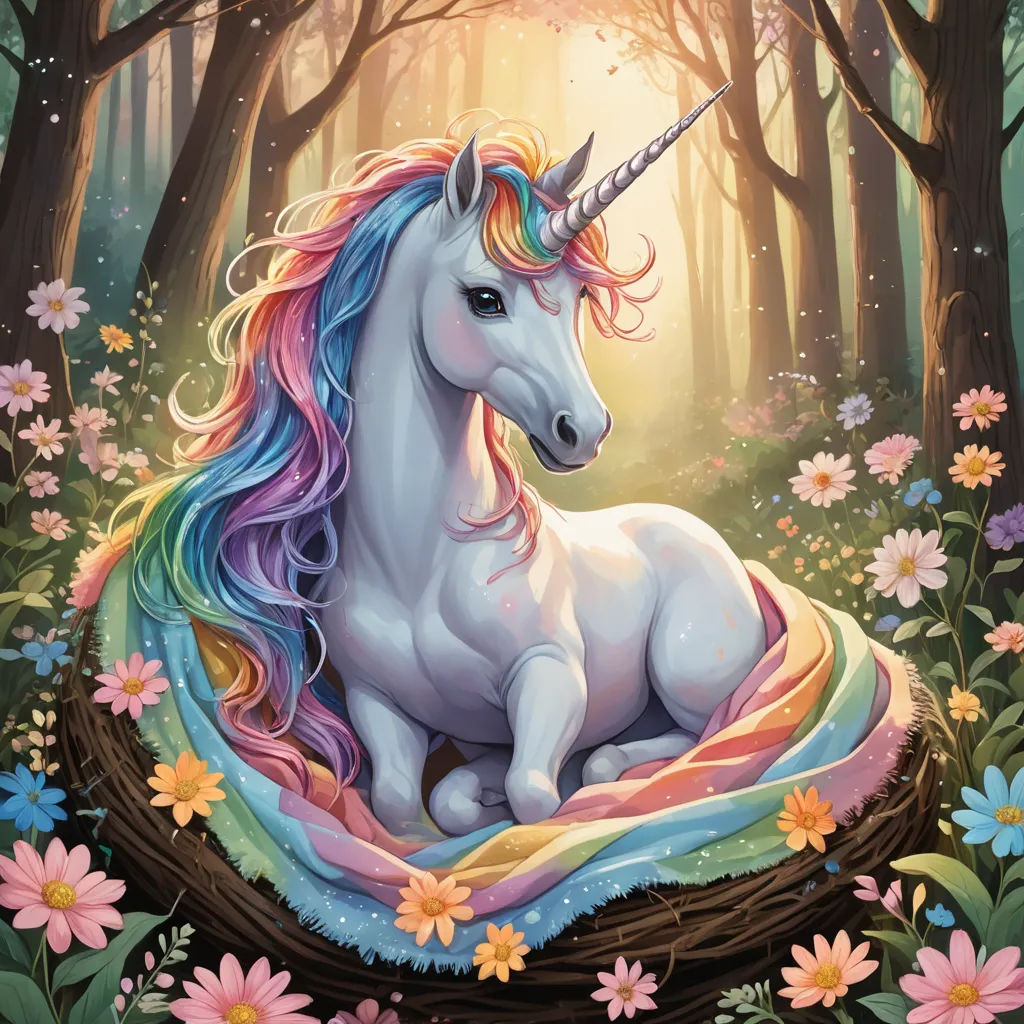 a painting of a unicorn laying on a log in a forest with flowers and trees around it, with a sun shining through the trees, fantasy art, a storybook illustration, Chris LaBrooy, rossdraws global illumination