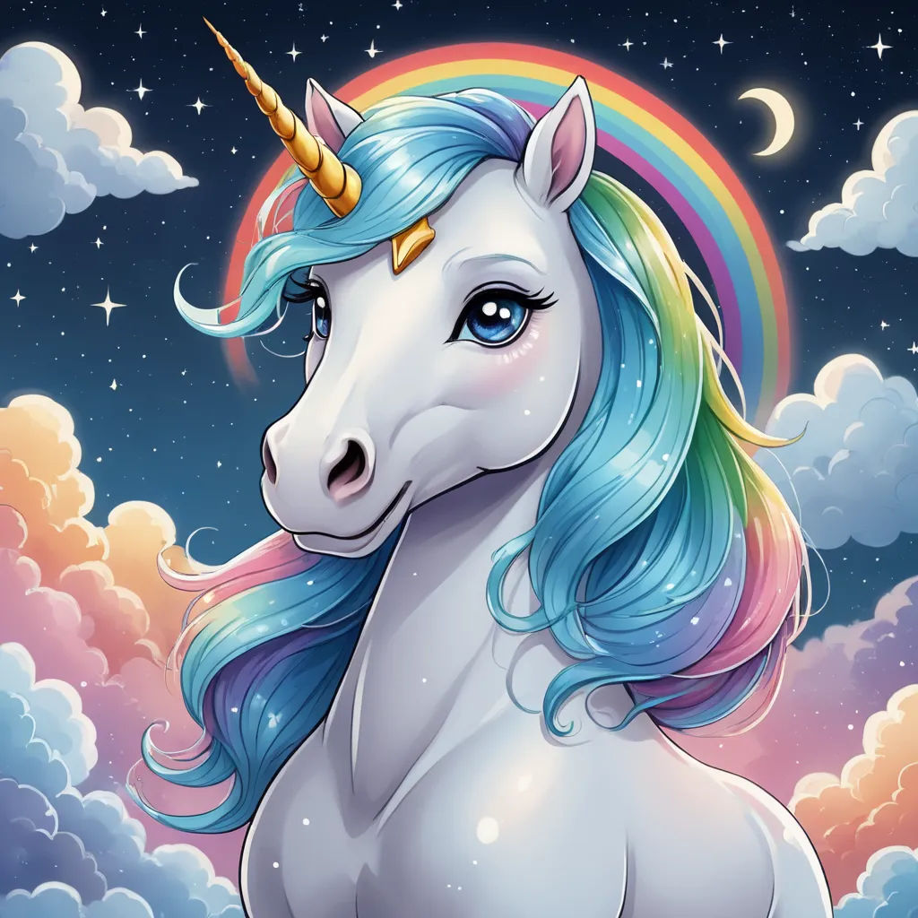 a unicorn with a rainbow mane and a rainbow tail in the sky with clouds and stars around it, with a crescent moon behind it, fantasy art, a character portrait, Anne Stokes, rossdraws global illumination