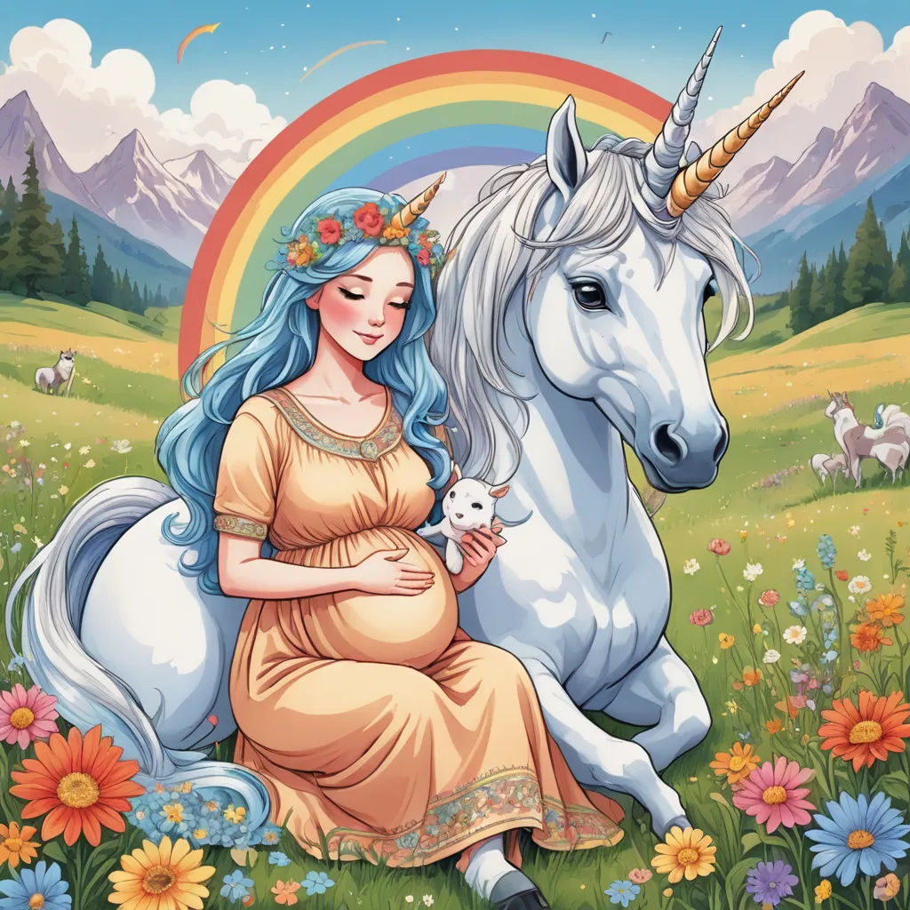a pregnant woman sitting on a unicorn in a field of flowers with a rainbow in the background and a mountain range in the background, fantasy art, a storybook illustration, Caroline Chariot-Dayez, official art