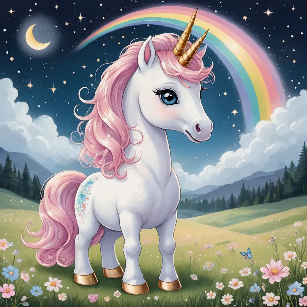 a unicorn with a rainbow in the background and a sky with stars and clouds above it, with a rainbow in the foreground, pop surrealism, a character portrait, Chris LaBrooy, magical