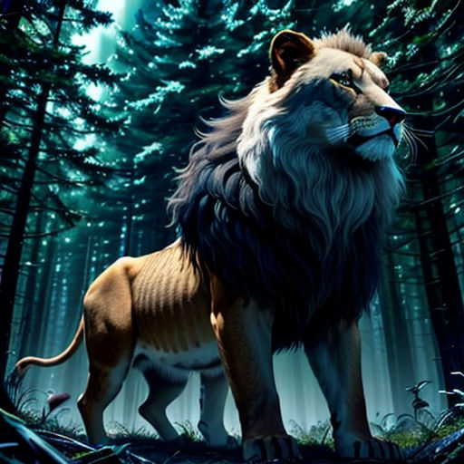 a lion standing in the middle of a forest with trees in the background and a full moon in the sky