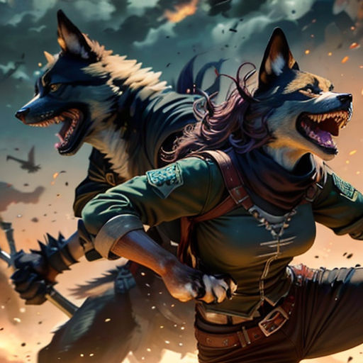 a woman with a wolf on her back in front of a sky with clouds and planes in the background