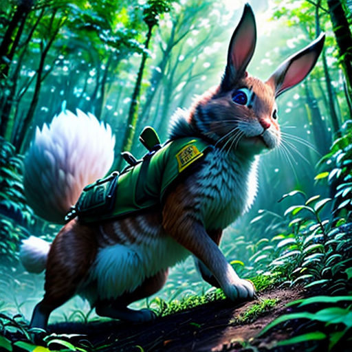 a rabbit in a forest with a backpack on its back and a squirrel on its back, running through the woods