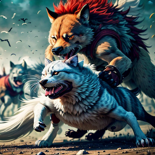 two wolfs fighting over a white wolf in a field with birds flying around them and a sky background