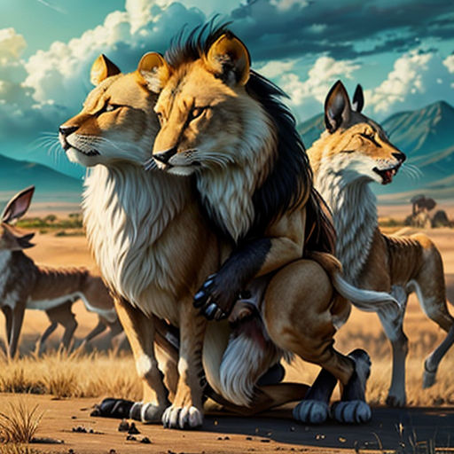 a painting of a couple of animals in the desert with a sky background and clouds above them, with a mountain range in the background