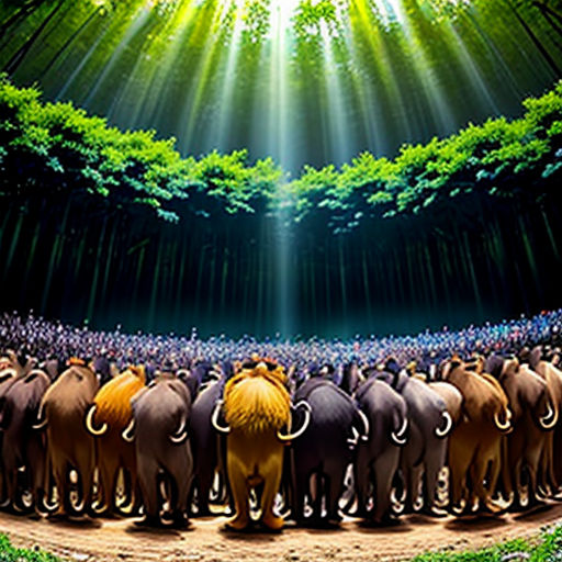 a group of elephants standing in front of a forest with a bright light coming from the top of the picture