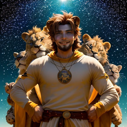 a man in a lion costume standing in front of a sky full of stars and a star filled sky