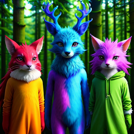 three colorful cats standing next to each other in a forest with trees and grass in the background, with the caption, the three colors of the same cat are