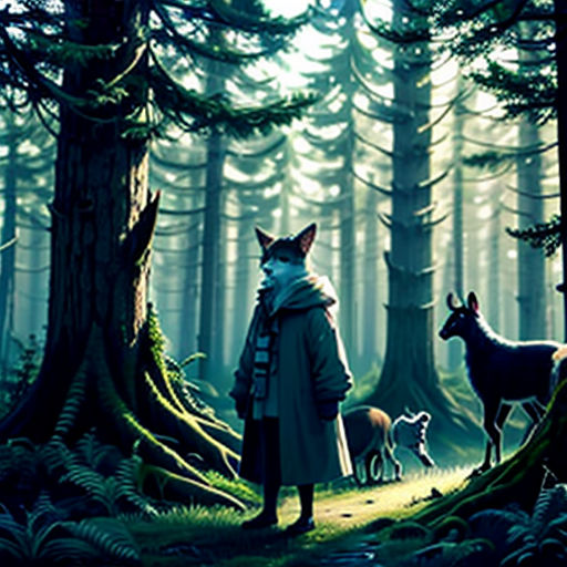 a man standing in the middle of a forest with a dog and deer behind him, and a forest full of trees