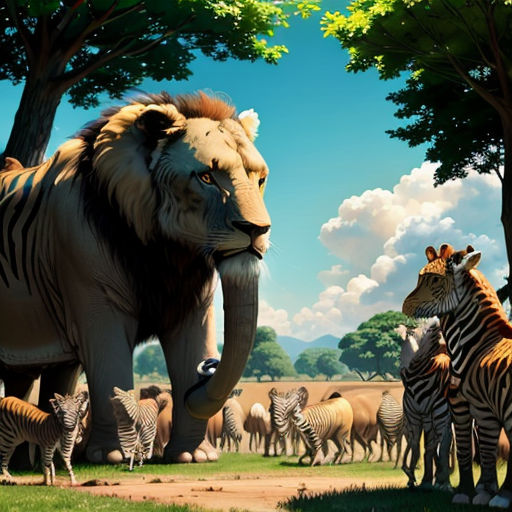 a painting of a lion and zebras in a field with trees and clouds in the background, with a baby zebra standing in the foreground