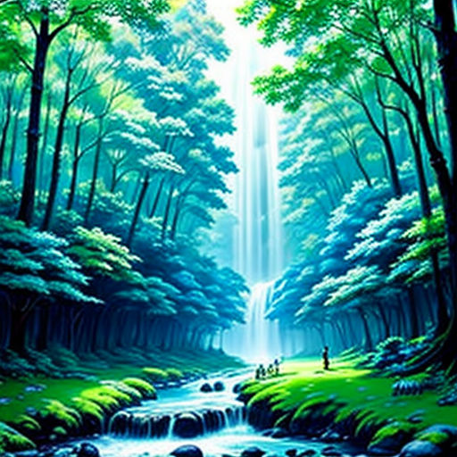 a painting of a waterfall in the woods with people walking on it and a person standing on the edge of the stream