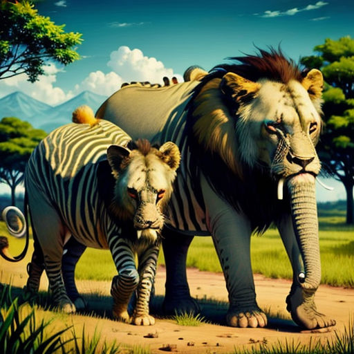 a couple of zebras and a lion walking on a dirt road in a field with trees and mountains in the background