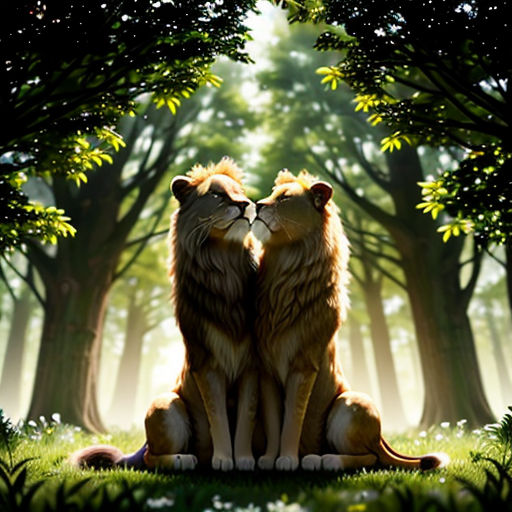two lions sitting in the middle of a forest with trees and grass around them, facing each other, with the sun shining through the trees