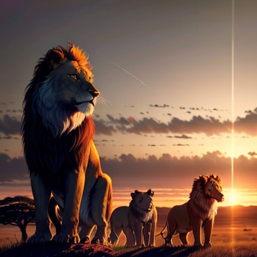 a group of lions standing on top of a grass covered field at sunset with a star in the sky