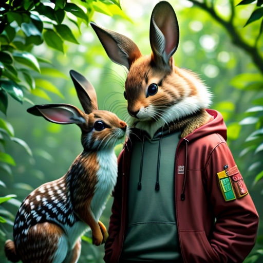 a man in a red jacket is holding a rabbit in his hand and a deer in his other hand