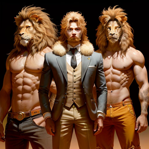 three men in suits with lion heads on their shoulders and chestes, one wearing a suit and the other a tie