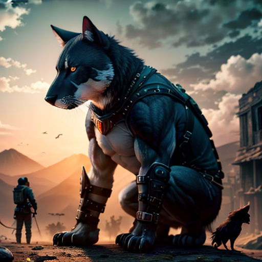 a cat with a sword and a dog with a leash on a hill with a sunset in the background