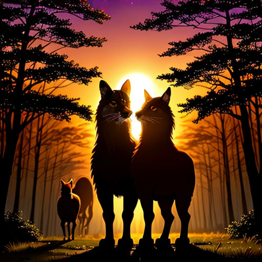 two cats standing next to each other in the woods at sunset with a deer and deer behind them, with the sun setting behind them