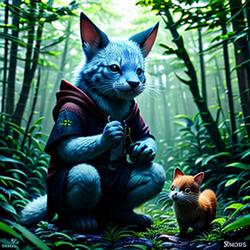 a cat and a kitten are in the woods together, with a forest background and a green light behind them