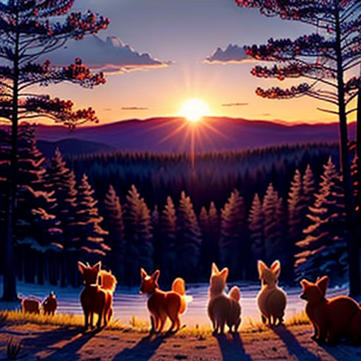 a painting of a group of animals in the woods at sunset with the sun setting behind them and the silhouette of trees