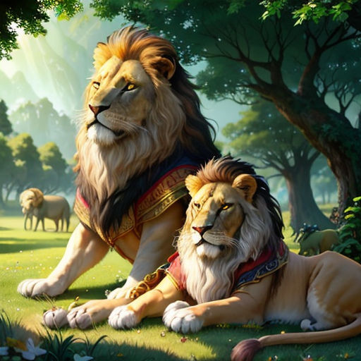 a painting of two lions sitting in the grass with trees in the background and a forest in the background