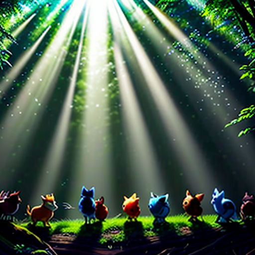 a painting of a forest with animals and a light coming from the top of it, and a forest floor