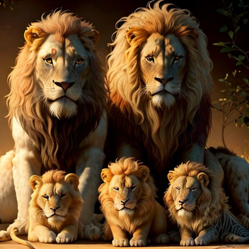 a painting of lions with their babies in front of a tree and a sunset background with leaves and branches
