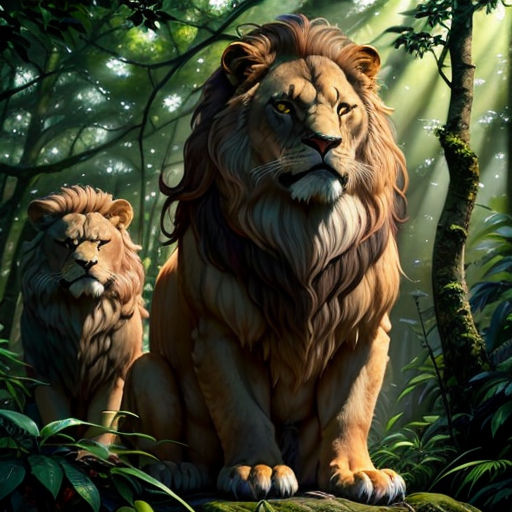 a lion and a lioness sitting in the jungle together, with sunlight streaming through the trees behind them
