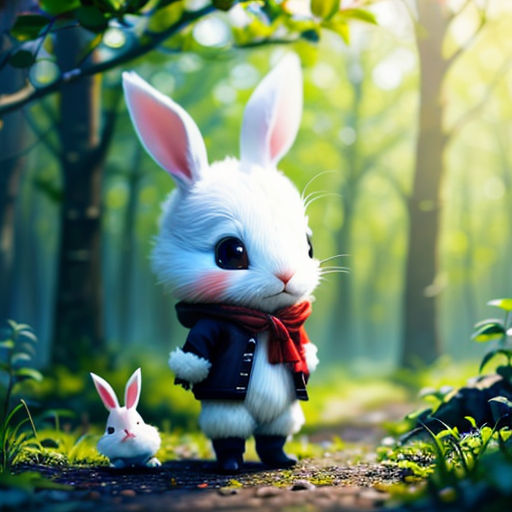 a white rabbit and a white rabbit in a forest with trees and grass, with sunlight shining through the trees